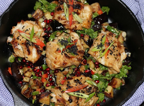 Miso Cod with Spring Onion, Eggplant and Pomegranate Salad