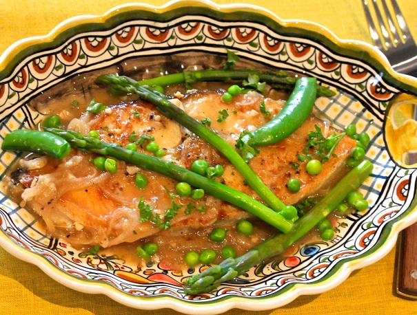 Halibut With Asparagus, Peas, Parsley and Wine