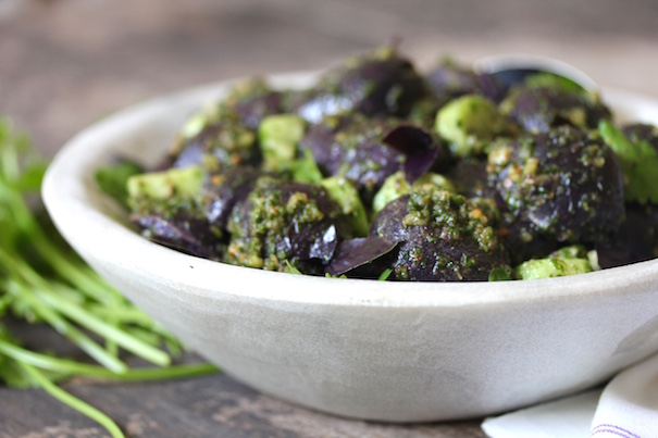 Grilled Purple Potato Salad with Cilantro Pesto