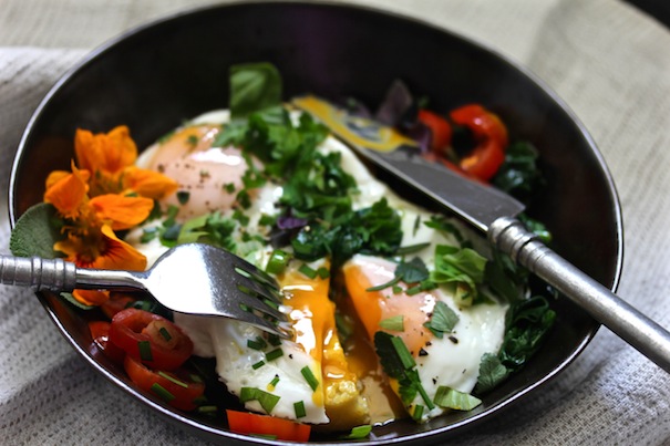 Grilled Polenta and Fried Eggs With Herbs and Veggies on America's-table.com