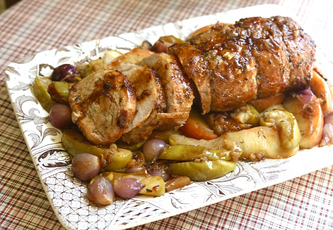 Here is an adaptation of her roasted pork loin, to which I’ve added apples for their sweetness and texture. I like to serve it with barely-steamed spinach, which is a nice counterpoint to the apples.