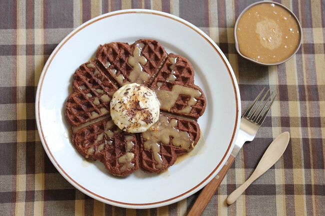 Whole Wheat Chocolate Waffles with Peanut Butter Maple Syrup