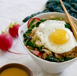 BROWN RICE BOWL WITH KALE-RADISH SLAW, SOY, AND FRIED EGG