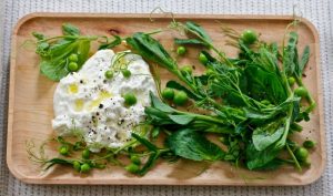 FRESH PEA SHOOTS AND BURRATA SALAD on Americas-Table.com