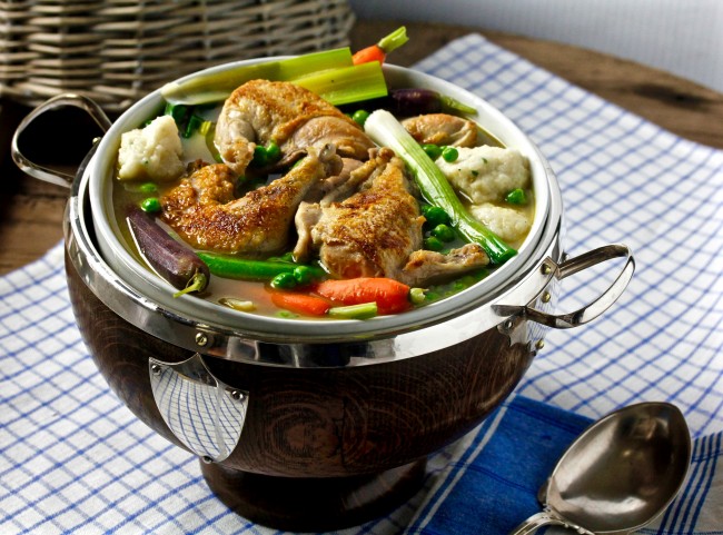 Spring Vegetable Game Hen and Dumplings