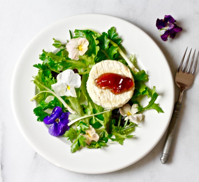 SPRING GREENS AND GRILLED GOAT CHEESE SALAD WITH ROSE PETAL JELLY on Americas-Table.com