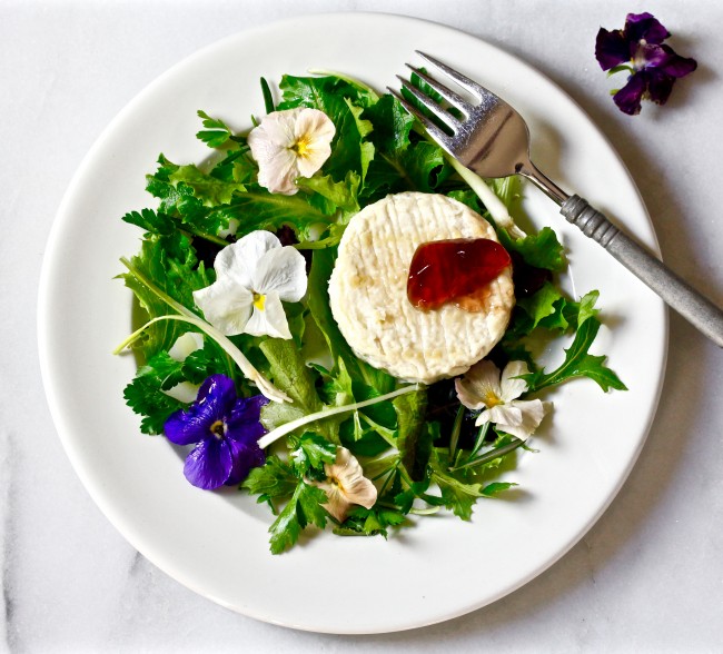 SPRING GREENS AND GRILLED GOAT CHEESE SALAD WITH ROSE PETAL JELLY on Americas-Table.com