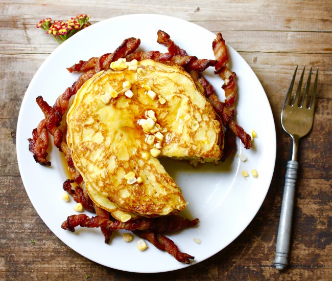 FRESH CORN PANCAKES WITH BACON CORKSCREWS on Americas-Table.com