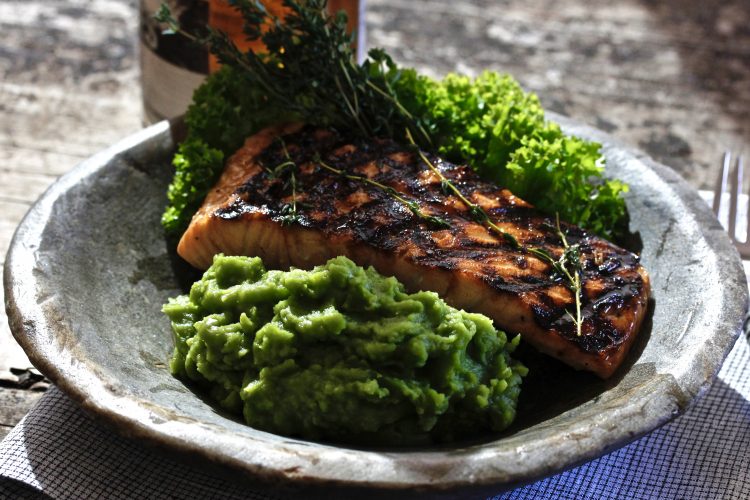 Roasted Salmon with Irish Whiskey Glaze and Mushy Peas