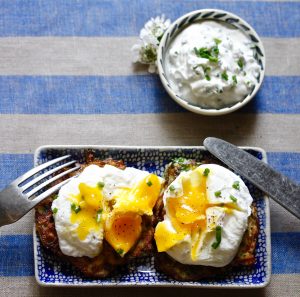 Kale Zucchini Latkes with Poached Eggs and Chive Yogurt