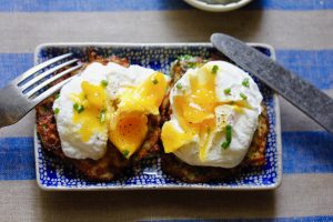 Kale Zucchini Latkes with Poached Eggs and Chive Yogurt