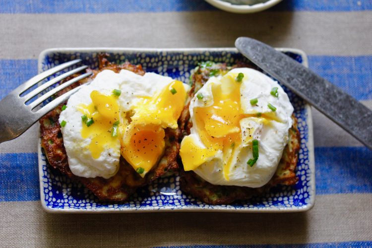 Kale Zucchini Latkes with Poached Eggs and Chive Yogurt