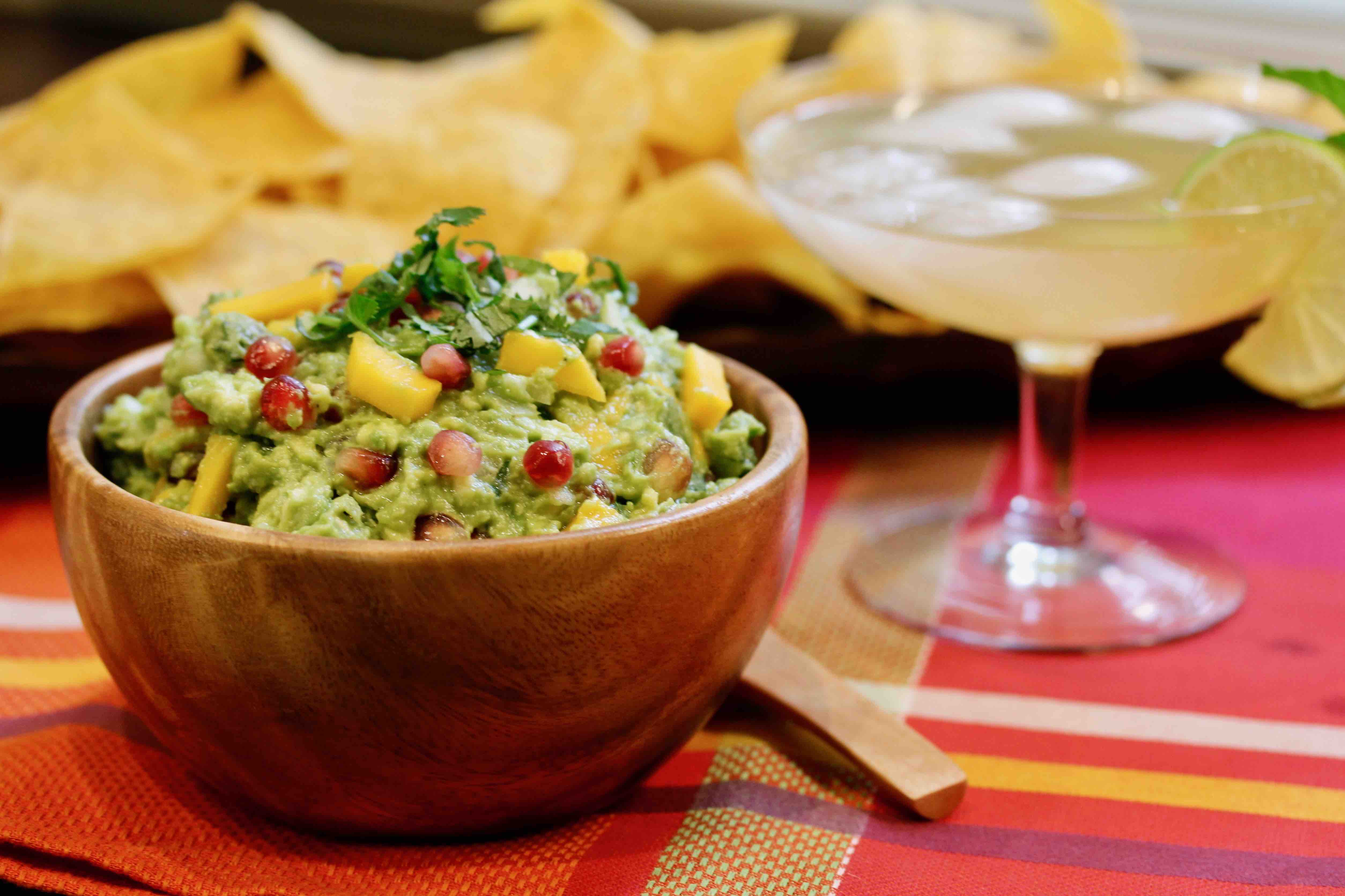 Mango Pomegranate Guacamole with Honey and Smoke Mezcal Cocktail