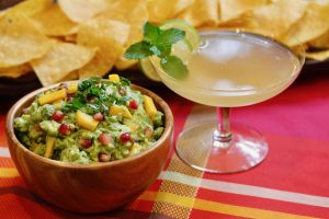 Mango Pomegranate Guacamole with Honey and Smoke Mezcal Cocktail