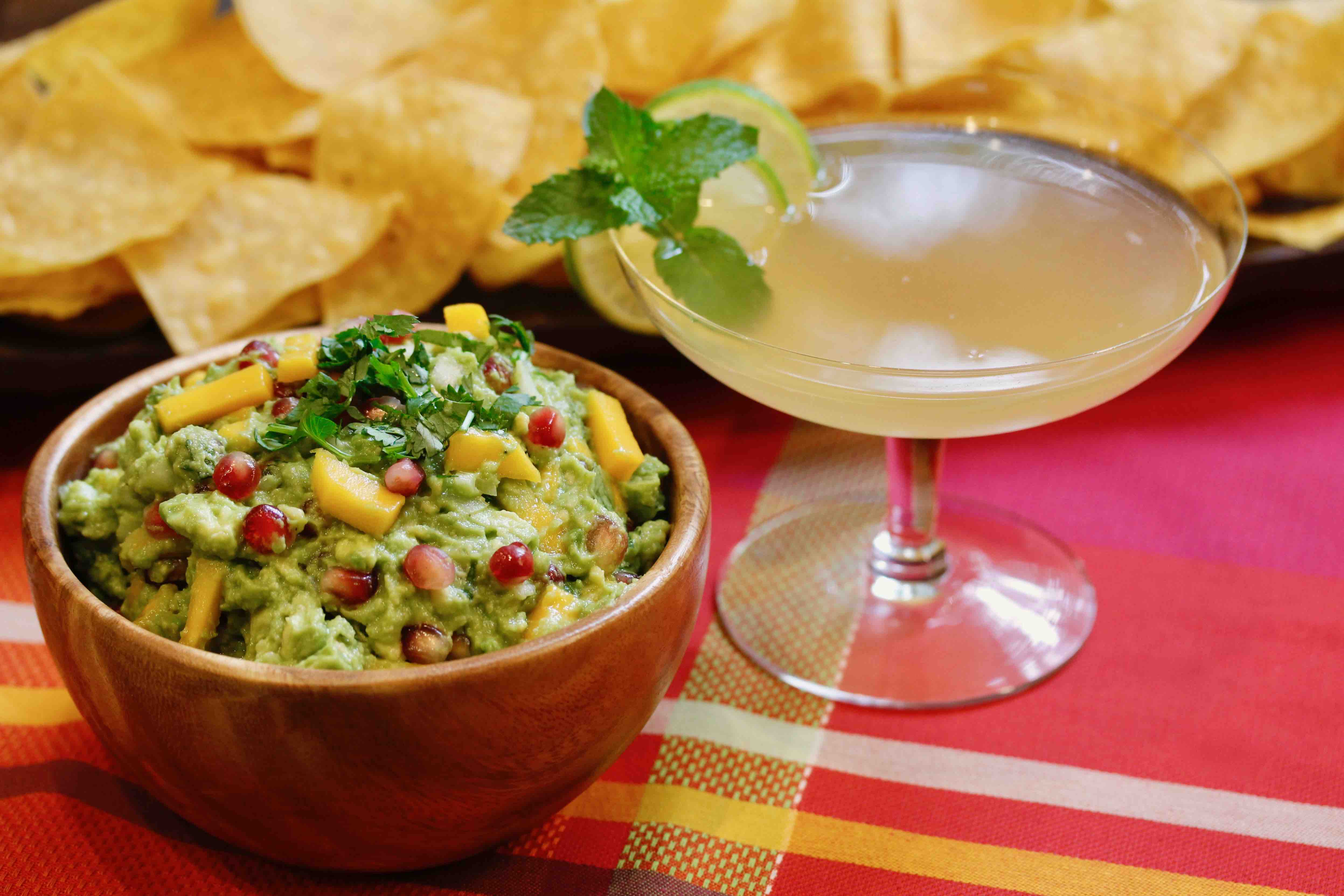 Mango Pomegranate Guacamole with Honey and Smoke Mezcal Cocktail